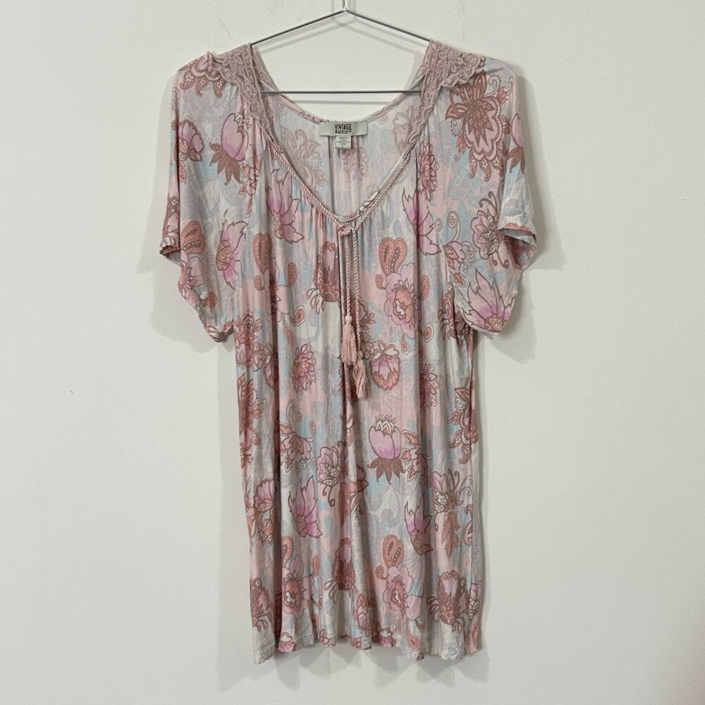 VINTAGE AMERICA BLUES Top L Floral Knit Tassel Tie Lace SS V-Neck Tunic Oversize
